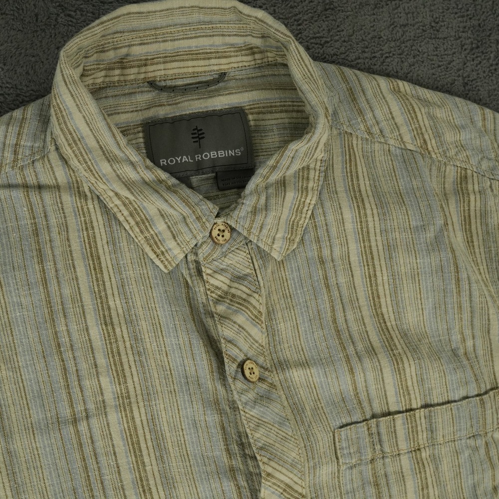 Royal Robbins Button Up Shirt Mens Medium Beige Blue Brown Striped Hemp Cotton